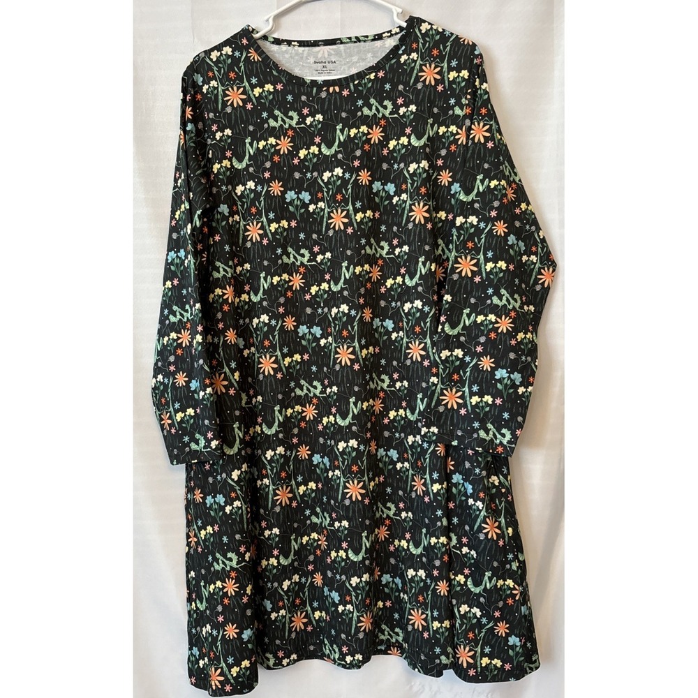 Svaha USA Tunic Dress XL Black Mantis Floral A-Line Midi Organic Cotton Pocket